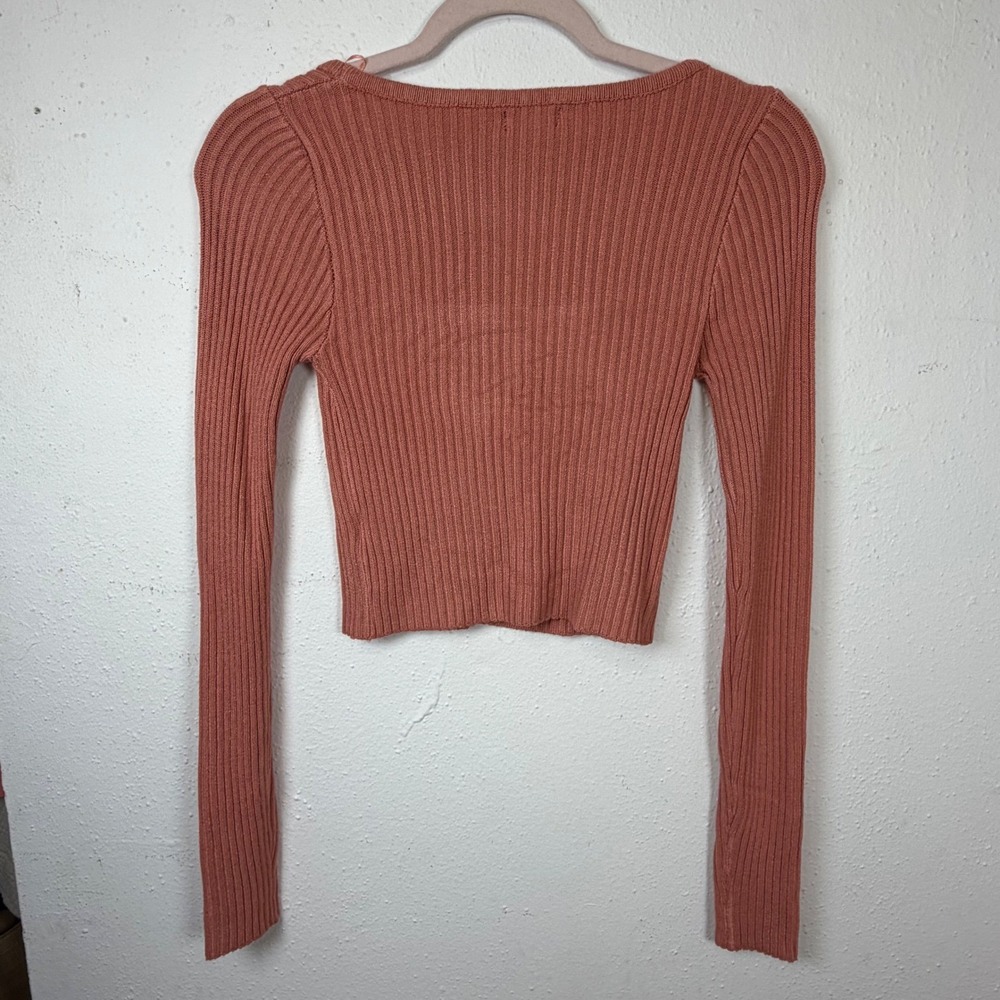 Debut M/L Ribbed Knit Cropped Cardigan Square Neck Y2K Indie Terracotta Top - Picture 2 of 4
